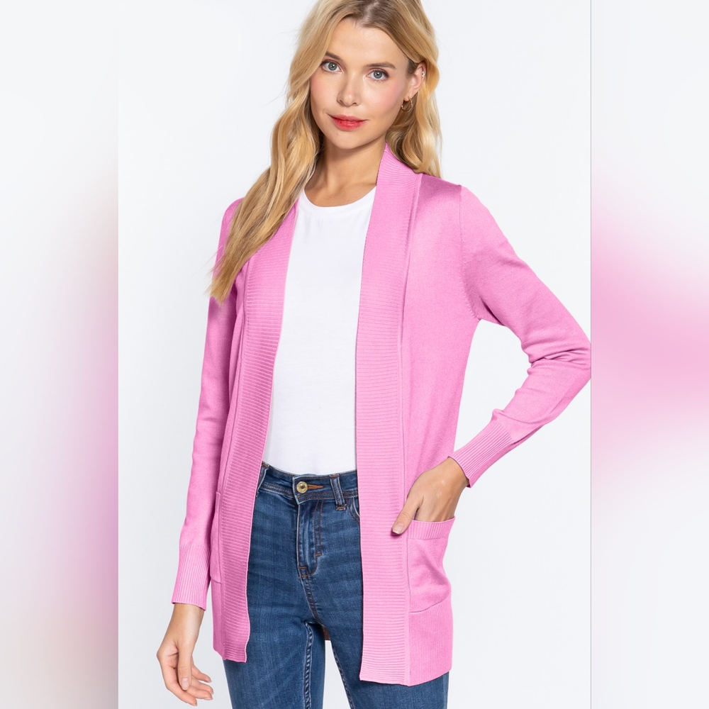 ACTIVE BASIC Ribbed Trim Open Front Cardigan - Picture 2 of 5